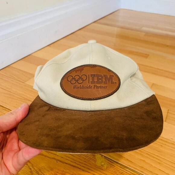 Vintage IBM Worldwide Olympic Partners Suede Leather Cap Hat K- Products - Picture 1 of 11